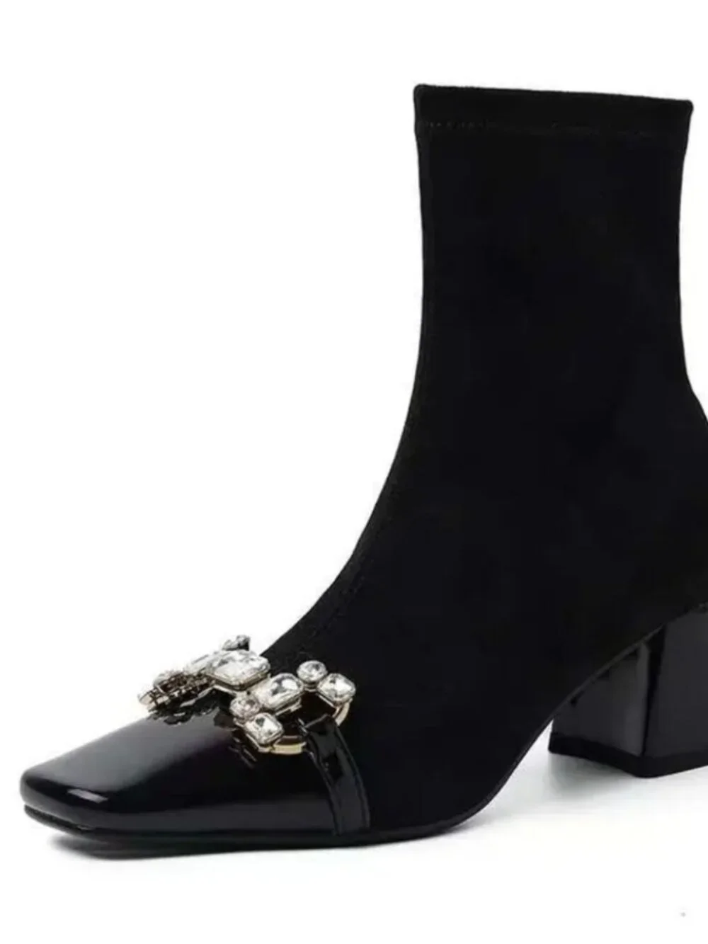 Women'S Black Square Toe Ankle Boots - Rhinestone And Pearl Buckle Detail